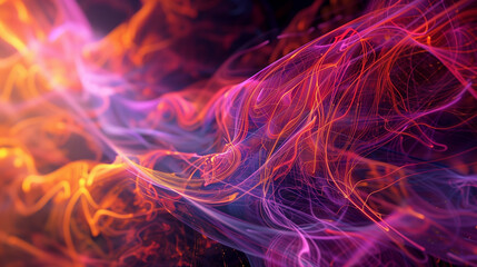 Abstract background with colorful glowing lines and flames, smoke swirls in the air, dark purple...