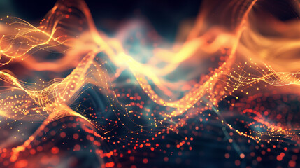  Abstract background with glowing orange and red waves of light, connecting dots in the air. The concept symbolizes data transfer speed on dark blue background