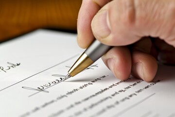 Client signing a contract agreement with a satisfied smile, symbolizing trust and commitment, Generative AI