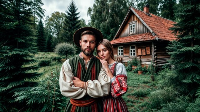 A man and woman in traditional Polish clothing embrace in front of a rustic log cabin surrounded by trees.