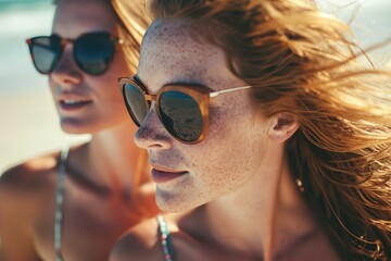 two young women wearing sunglasses at the beach close up portrait, summer vibes