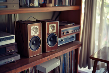 Audio loud speakers and vynil player on a shelf in the living room, close-up