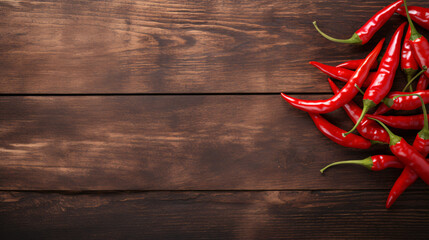 Red hot chili peppers on old wooden table 