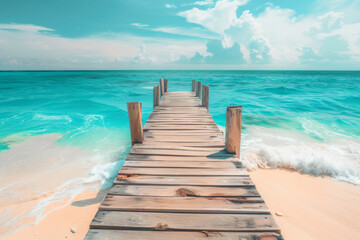 Sunny wooden dock extending over a calm, bright blue ocean. Perfect for a summer vacation