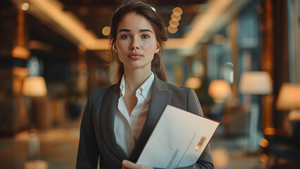Ambitious Professional: Confident Woman in Office Attire Poses for Job Interview
