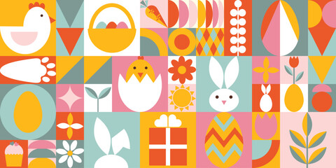 Obraz na płótnie Canvas Happy Easter rectangular background. Abstract geometric shapes of bunny, eggs, gift, nestling, flowers. Trendy festive design for banner, wallpaper, cover. 
