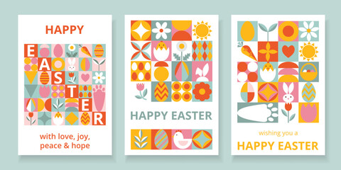 Set 3 colorful festive cards for Happy Easter. Modern design with geometric shapes. Stylized eggs, bunny, flowers, nestling. Template for card, poster, flyer, banner, cover