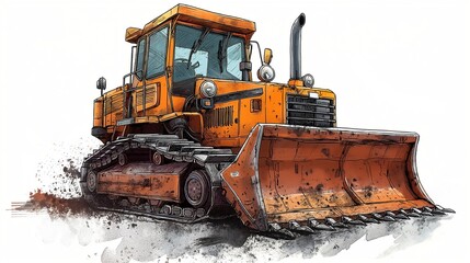 Yellow construction bulldozer on a white background