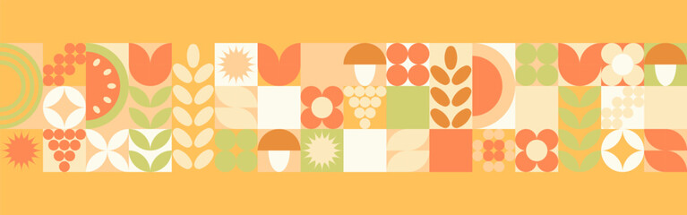 Autumn geometric background, yellow and orange ornament with leaves and mushrooms. Mosaic seamless pattern in earthy tones.	 - obrazy, fototapety, plakaty