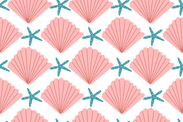 Sea shells seamless pattern. Trendy pattern of seashells for wrapping paper, wallpaper, stickers, notebook cover. The texture may be used for printing on fabric or paper and background in web design.