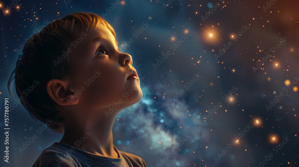 Wall mural a small child stood in the dark of night while looking up at the sky filled with sparkling stars. ai