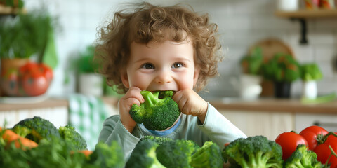 Cute little child eating broccoli in the kitchen. Healthy food concept. 
