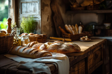 Freshly baked sourdough bread and pastries on a rustic kitchen counter - 757788767