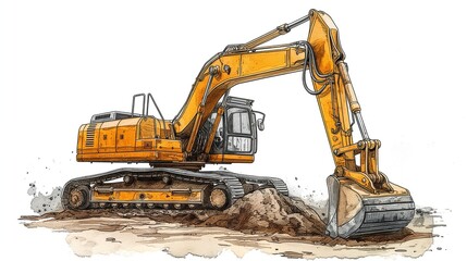Yellow hydraulic excavator on a white background