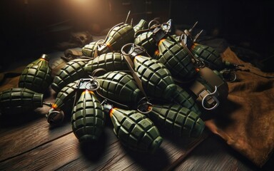 Hand-held fragmentation grenades are stacked in a row during military exercises