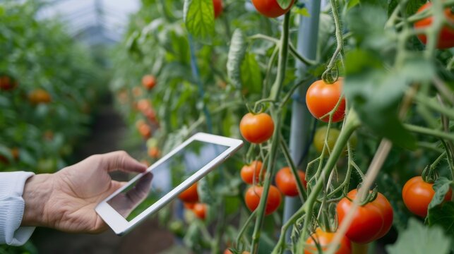 arvest, Hand using tablet phone inspecting red cherry tomato agricultural garden with concept modern technologies, agriculture, gardening