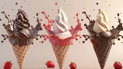 Foto auf Alu-Dibond set of Chocolate, vanilla and strawberry splash of Ice cream cone flavor with clipping path, 3d, dessert, sweet, food, ice cream, delicious © pinkrabbit