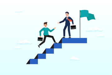 Businessman leader help employee climb to target at top of stair, ethical leadership help colleague to succeed and reach goal achieve target, mentorship, support or help for career success (Vector)