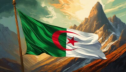 Algeria flag waving, national emblem, symbol
