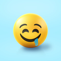 Drooling and hungry Emoji stress ball on shiny floor. 3D emoticon isolated.