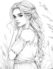 Fototapeta premium Portrait Girl with a flower. Coloring book antistress for children and adults. Black and white illustration
