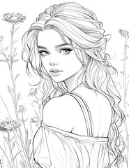 Fototapeta premium Portrait Girl with a flower. Coloring book antistress for children and adults. Black and white illustration