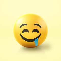 Drooling and hungry Emoji stress ball on shiny floor. 3D emoticon isolated.