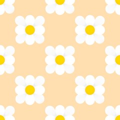Happy daisy seamless pattern, checkered wave mesh vector background, retro lilac and yellow for design.