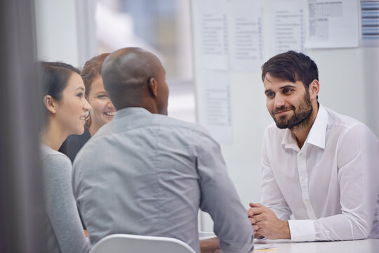 Business people, meeting or feedback with brainstorming, teamwork or discussion for project. PR agency, manager or leader with brainstorming or employees with ideas, consultant or review with startup