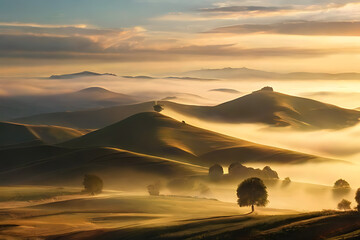 Golden Sunrise Over Misty Hills - beauty of nature with rolling hills