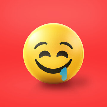 Drooling and hungry Emoji stress ball on shiny floor. 3D emoticon isolated.
