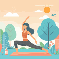 illustration of woman practicing yoga, stretching her muscles in the park