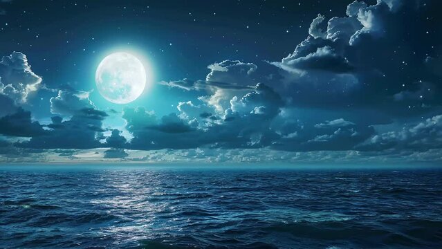 nature background with ocean view and full moon. romantic and scenic panorama with full moon on sea. seamless looping overlay 4k virtual video animation background