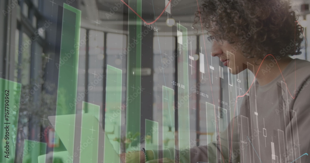 Poster image of statistics and data processing over man using laptop