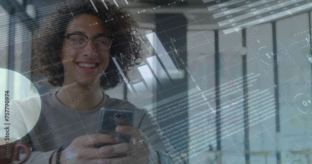 Poster image of statistics and data processing over man using smartphone