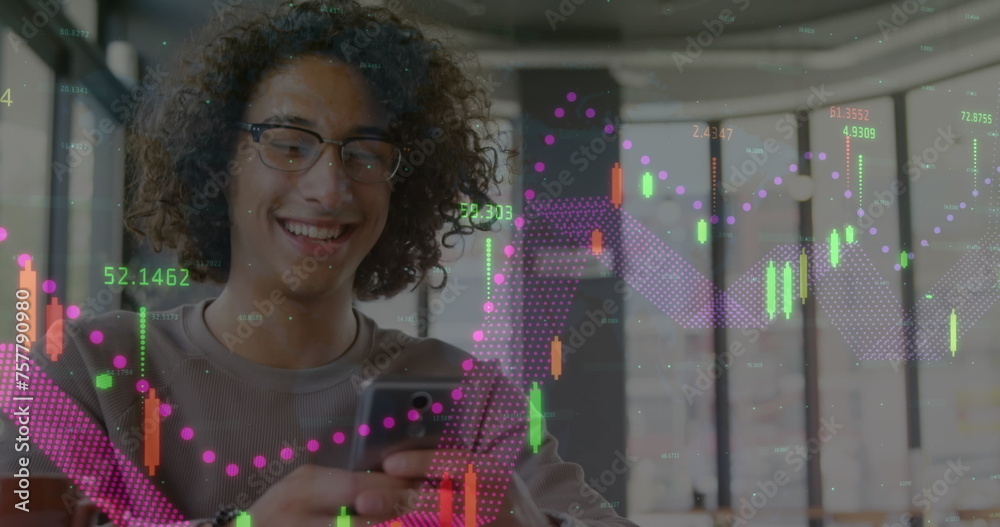Poster image of statistics and data processing over man using smartphone