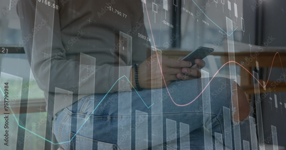 Poster image of statistics and data processing over man using smartphone