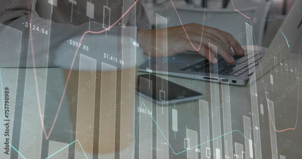 Poster image of statistics and data processing over man using laptop