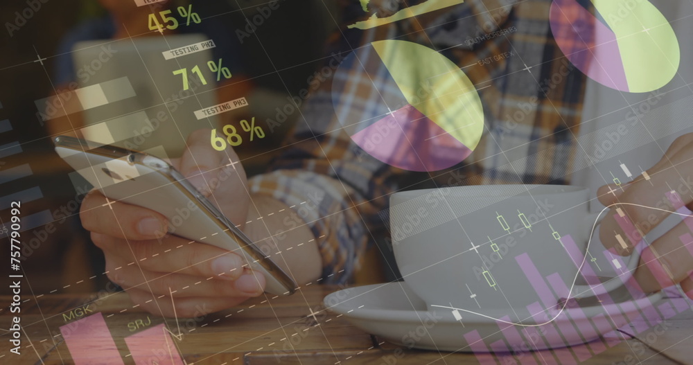 Poster image of statistics and data processing over man using smartphone