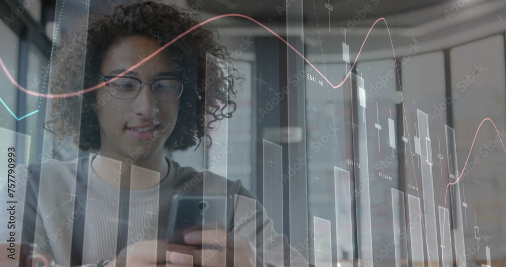 Poster image of statistics and data processing over man using smartphone