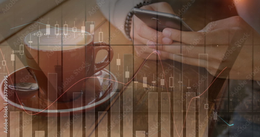 Poster image of statistics and data processing over man using smartphone