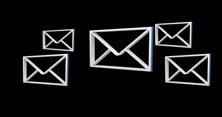 Digital image of white message envelope icons appearing in the screen against a black background 4k