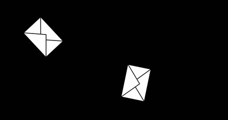 Digital image of white message envelope icons falling in the screen against a black background 4k