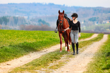 Horse and rider, saddled in riding clothes, walk side by side up a dirt road through green fields.
