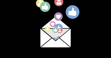 Digital 4k image shows an envelope releasing colorful social media icons.