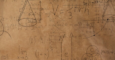 Math equations and figures animate on a brown backdrop for a 4k back-to-school theme.