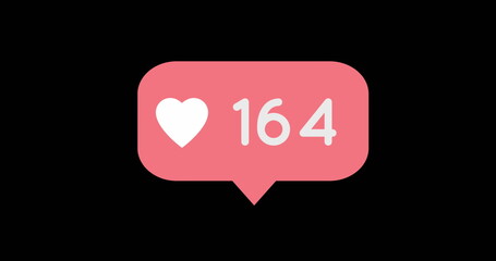 Digital image of pink message bubble with increasing numbers and a heart icon for social media