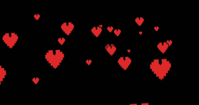Digital image of red heart pixel icons moving upwards in the black background 4k