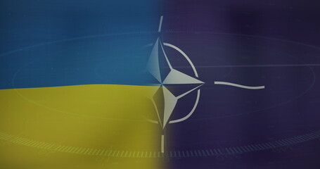 Image of radar and nato flag over flag of ukraine