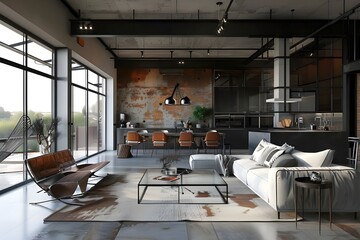 Loft studio with high ceilings, brick walls and industrial decor elements creates an atmosphere of comfort and modern design.